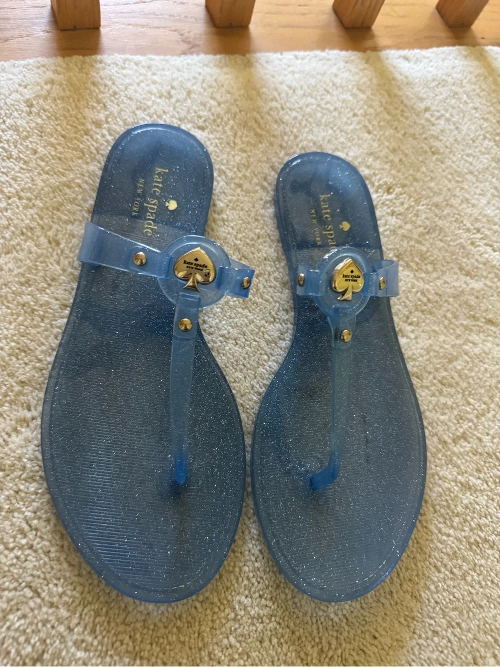 kate spade Navy Blue Glitter Jelly Flip Flops with Gold Heart